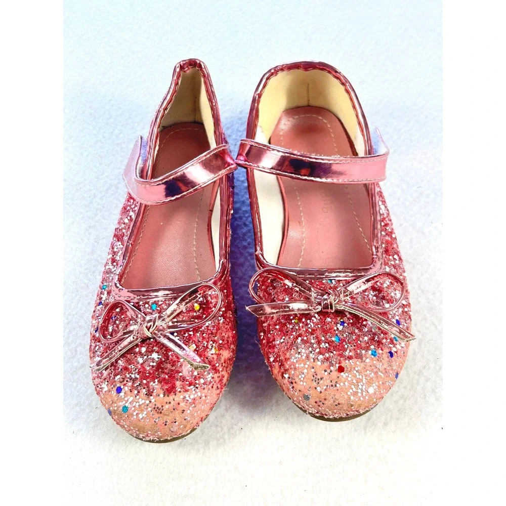 Jiaduowang Girls Pink Glitter Mary Jane Flats Bow Dress Shoes Size‎ 28 US 11